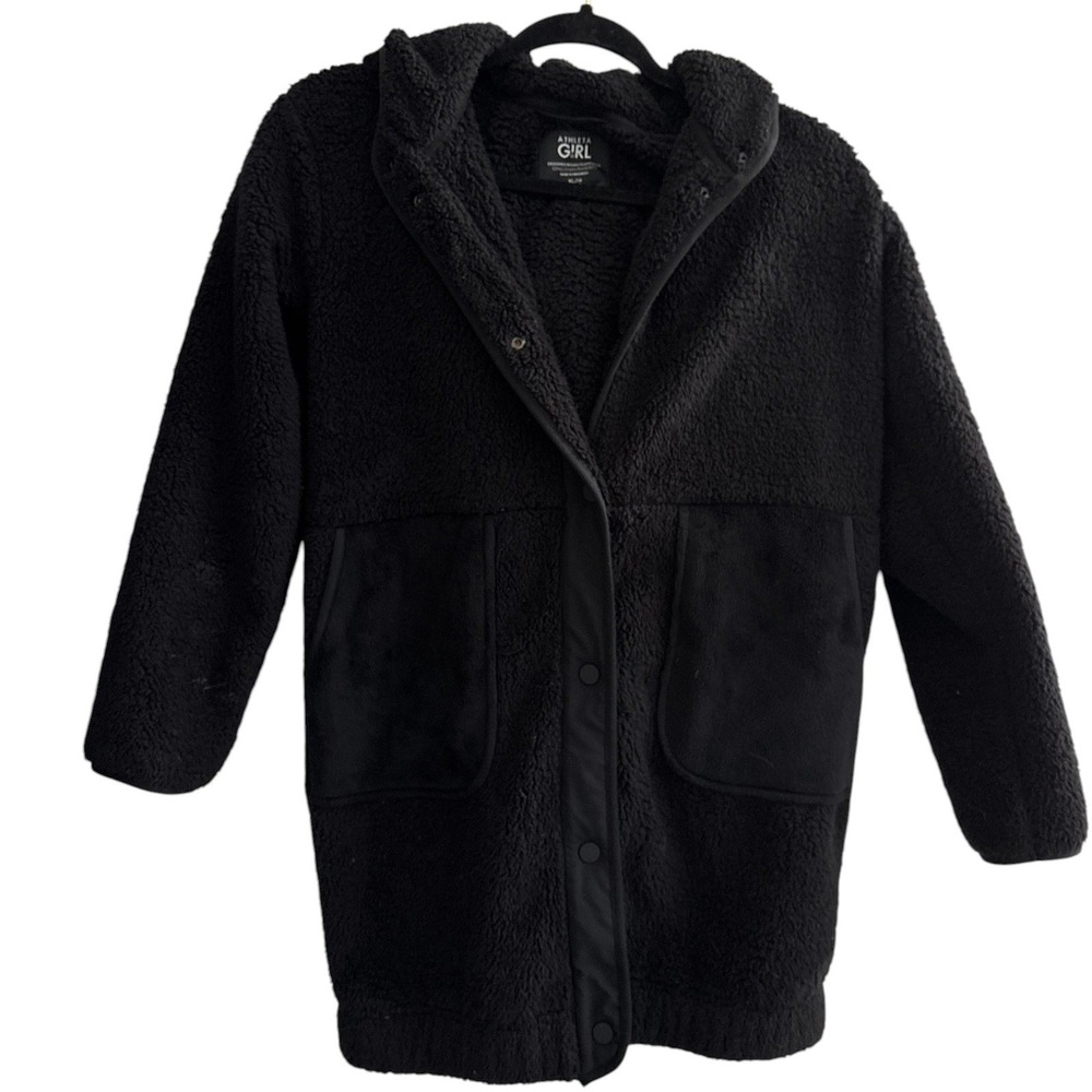 Athleta Girl So Toasty Tugga Sherpa Midi Jacket Black Hooded Coat XL 14